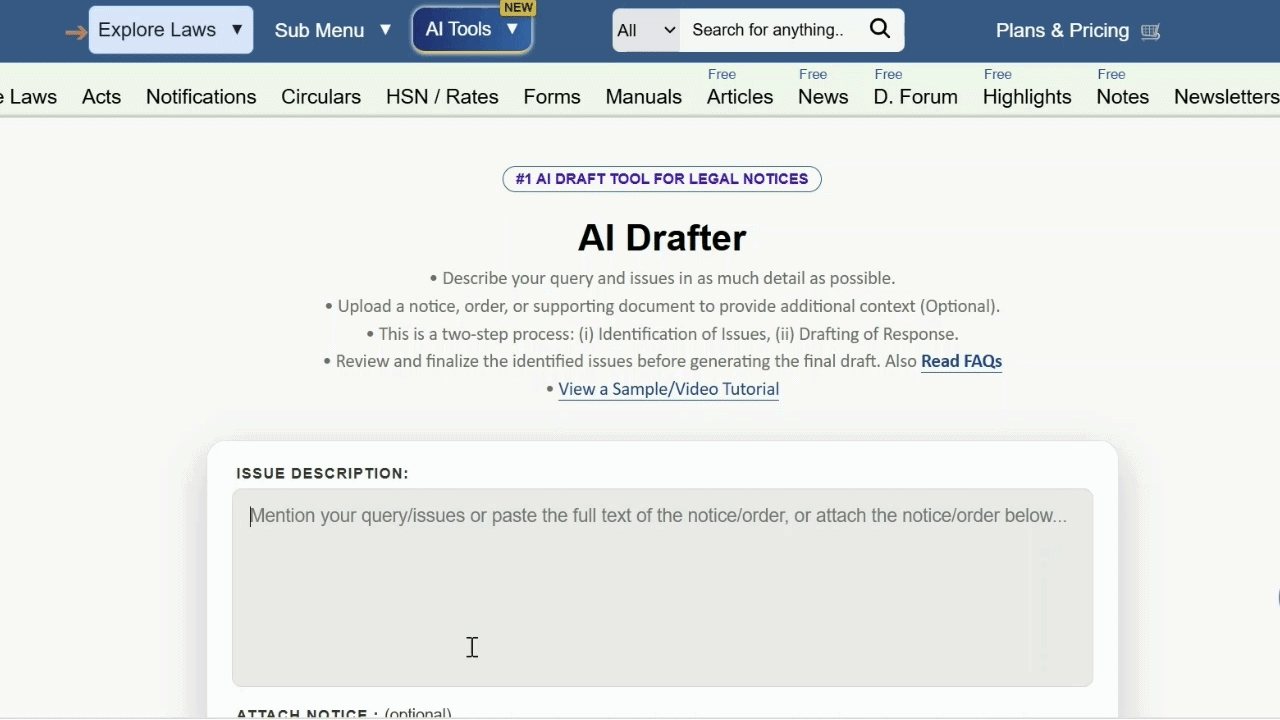TaxTMI AI Drafter workflow from input facts to final legal draft